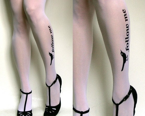 sexy, funny and flirty FOLLOW ME twitter TATTOO thigh-high stockings WHITE