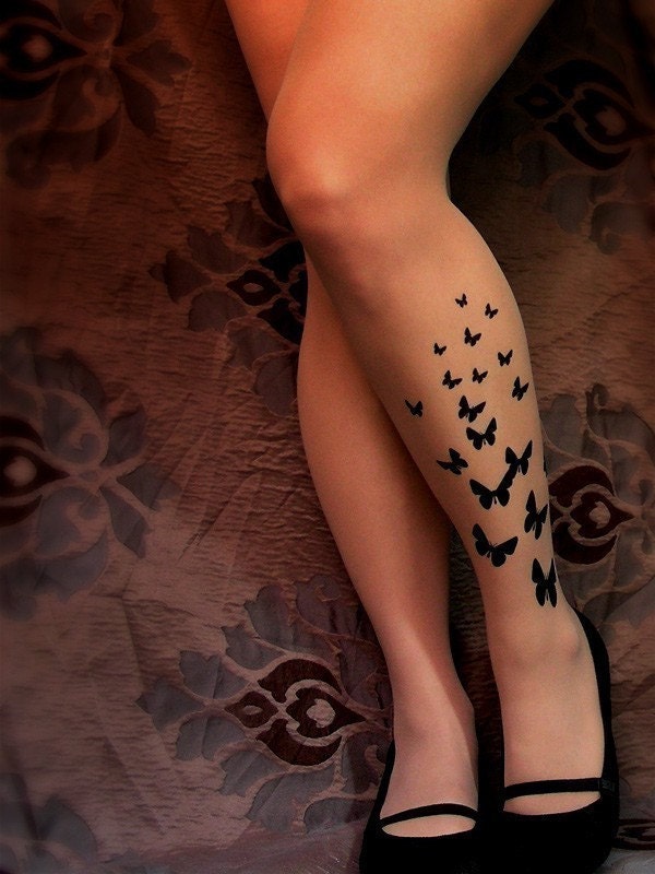 sexy BUTTERFLY TATTOO thigh-high socks DEEP MOCHA
