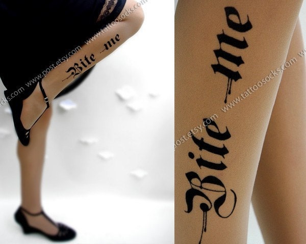 sexy HALLOWEEN BITE ME tattoo thigh-high stockings cafe latte