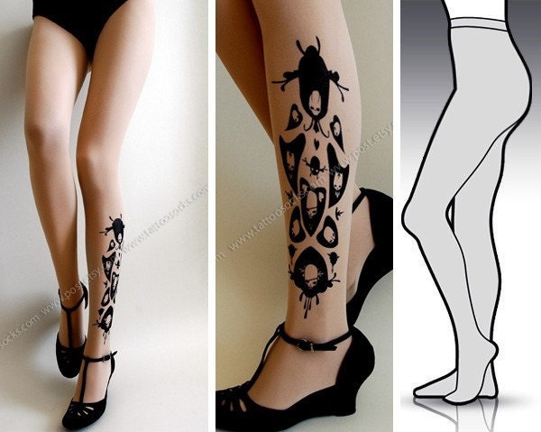 s/m sexy SKULLS and HEARTS TATTOO tights / stockings/ full length / pantyhose / nylons light mocha