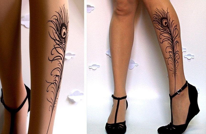 Large/Extra Large sexy PEACOCK FEATHER TATTOO tights / stockings full length pantyhose Light Mocha