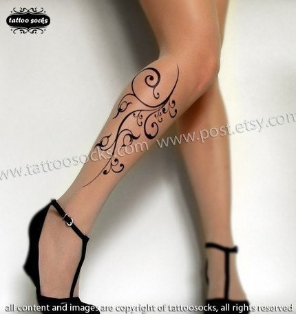 Large/Extra Large sexy FLORA tattoo tights / stockings full length pantyhose LIGHT MOCHA
