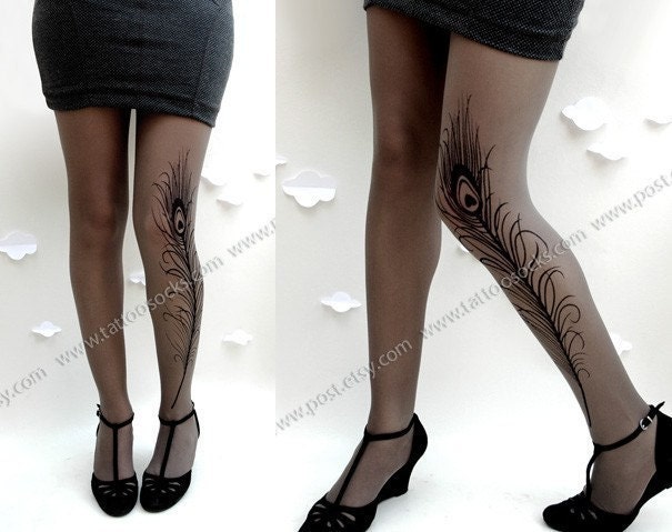 Large/Extra Large sexy MINI and BOOTS peacock FEATHER tattoo tights / stockings / full length / pantyhose / nylons Grey