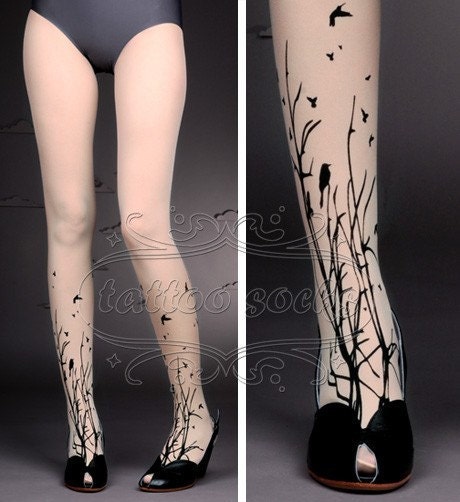 l/xl fabulous FOREST SYMPHONY tattoo nylons/ stockings /full length /pantyhose ultra pale