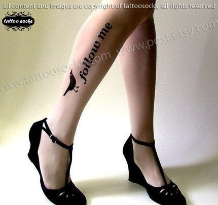 sexy, funny and flirty FOLLOW ME twitter tattoo thigh-high socks Ultra Pale