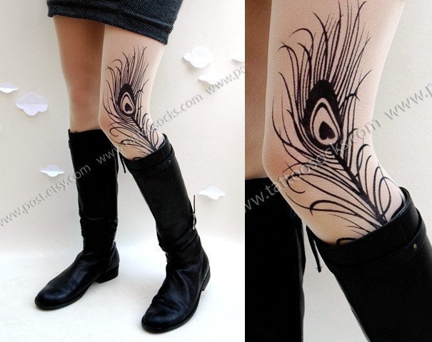 l/xl gorgeous MINI and BOOTS peacock FEATHER tattoo  tights / stockings full length pantyhose ultra pale