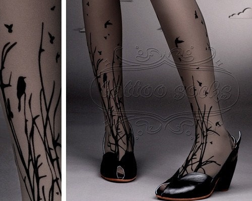 fabulous FOREST SYMPHONY tattoo thigh-high nylons GREY