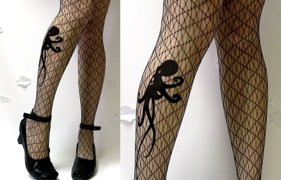 l/xl sexy OCTOPUS tattoo tights / stockings/ full length / pantyhose / nylons LIGHT MOCHA