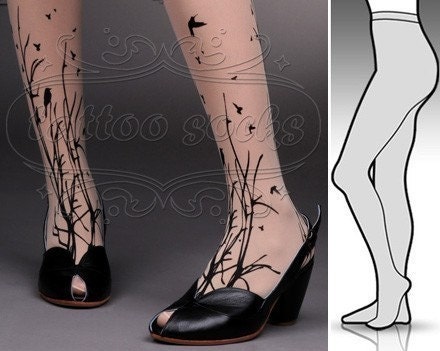 Large/Extra Large fabulous FOREST SYMPHONY tattoo stockings/ full length / pantyhose / nylons Light Mocha