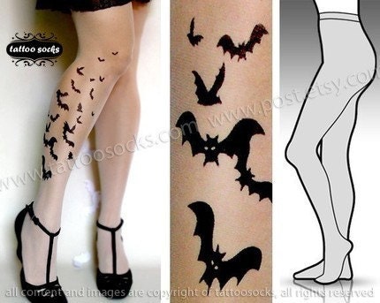 Large/Extra Large sexy BATS tattoo tights / stockings/ full length / pantyhose / nylons ULTRA PALE