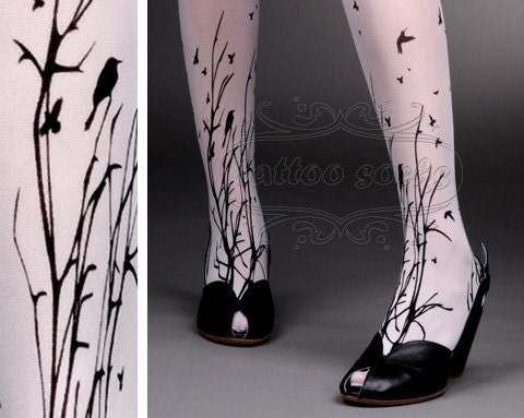 fabulous FOREST SYMPHONY tattoo thigh-high nylons WHITE