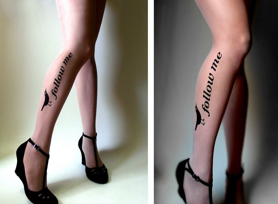 XS\/S\/M sexy, funny and flirty FOLLOW ME twitter TATTOO thigh-high socks LIGHT MOCHA
