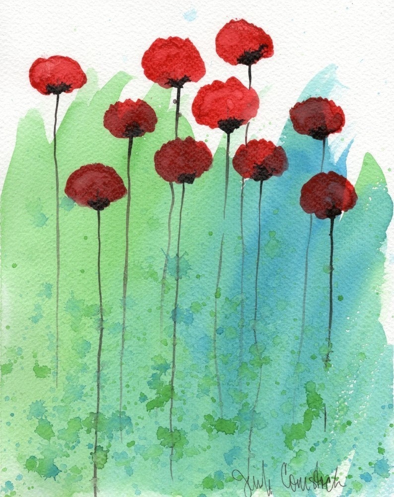 Buy 2 Get 1 FREE -- Watercolor Painting: Watercolor Flowers -- Art Print --  Zip Zap -- Red Flowers -- 8x10