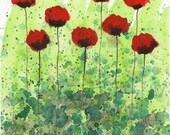 Buy 2 Get 1 FREE -- Watercolor Painting: Watercolor Flowers -- Art Print --  Christmas in July -- Red Flowers -- 8x10