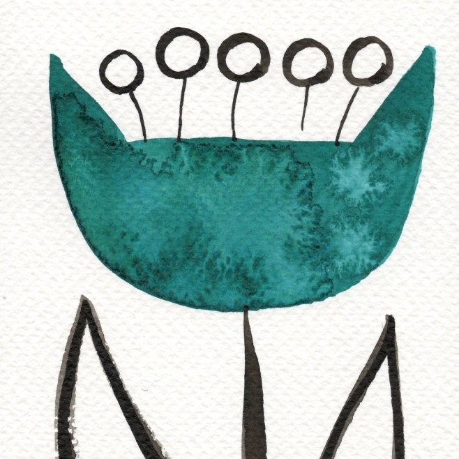 Buy 2 Get 1 FREE -- Watercolor Painting: Watercolor Flowers -- Art Print --  Scandinavian Tulip in Teal -- 4x6