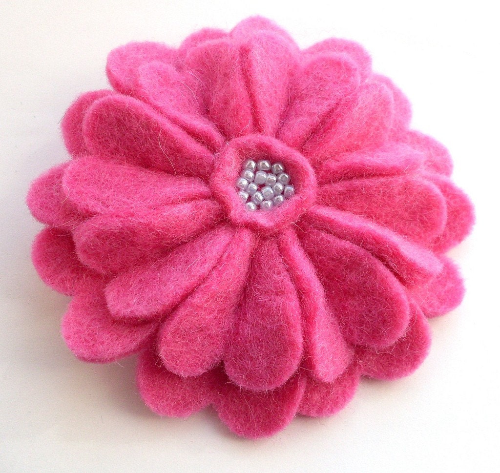 Bright Pink Felt Flower Brooch