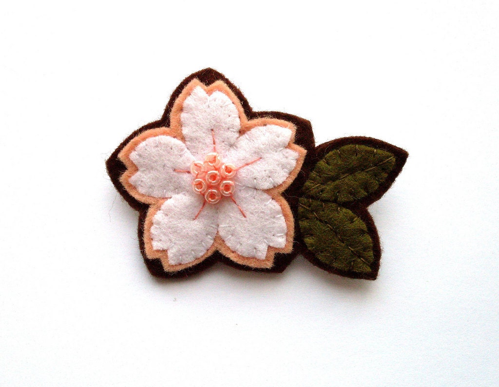 White Cherry Blossom, felt flower brooch, white, peach, apricot