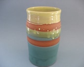 Stoneware vase: warm brown clay with matte turquoise and  shiny yellow-green glazes - Ceruleanblue