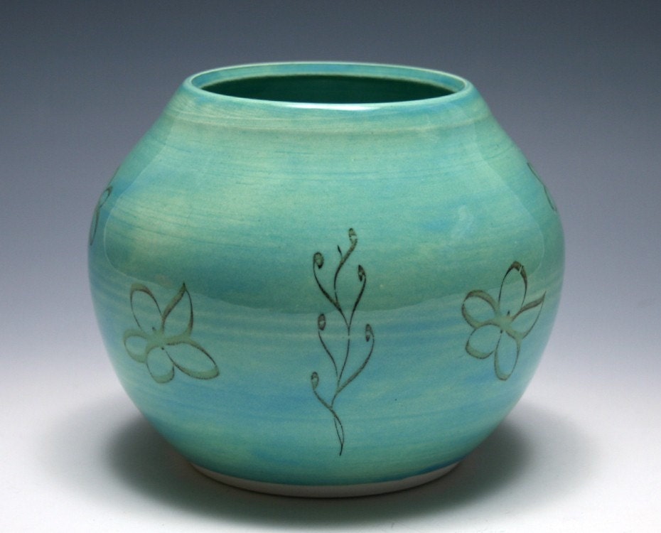 Pale Turquoise Vase with Sepia Flowers