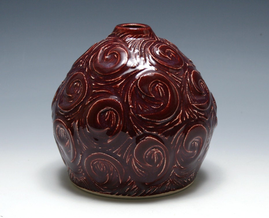 Carved Spiral Vase in Cherry Wine
