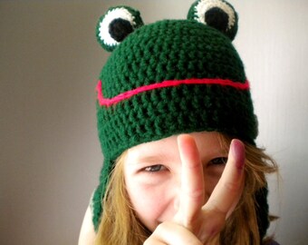 Crochet Hat - Cartoon 3-D Frog Hat in Bright Grass Green with Eyes and Long Legs- Crochet Hat for Baby / Toddler / Boy / Girl / Man / Woman