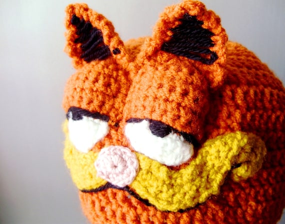 Crochet Hat - Retro Cartoon 3-D Cat Hat in Bright Orange with Ears and Snout for Adults - Silly and Chunky Crochet Hat