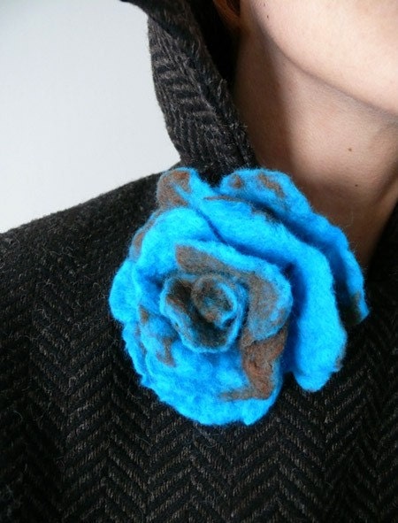 Turquoise felted flower brooch