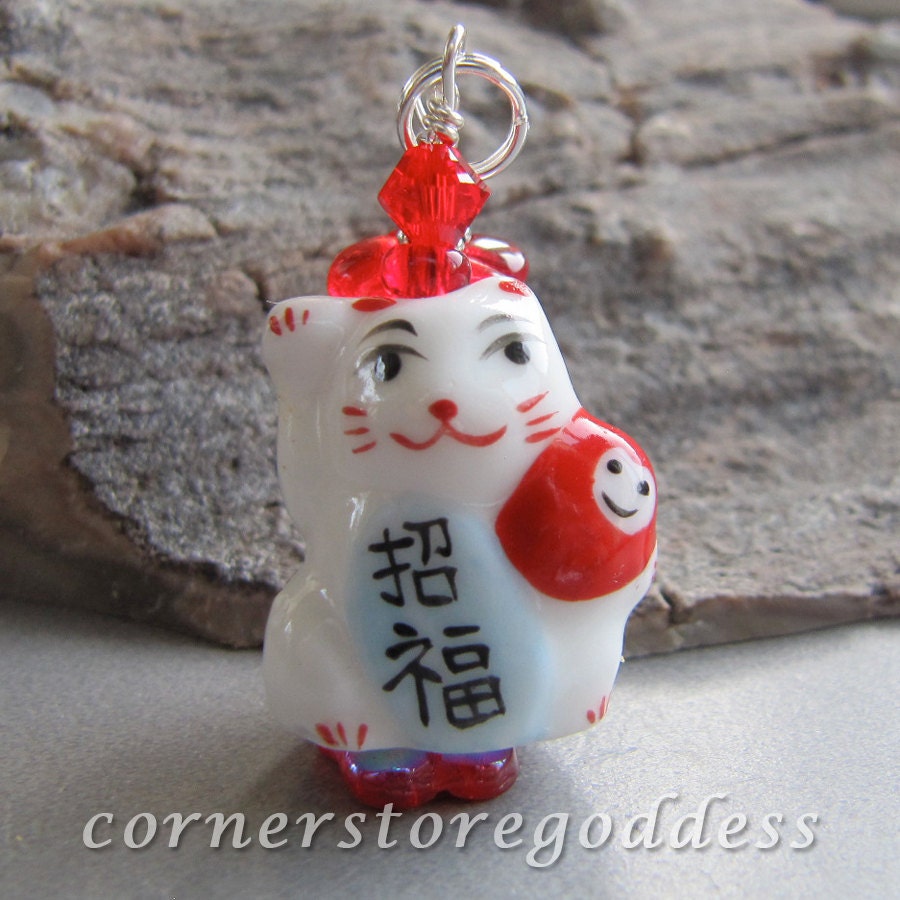Maneki Neko Lucky Fortune Kitty Cat Charm Zipper Pull by Cornerstoregoddess
