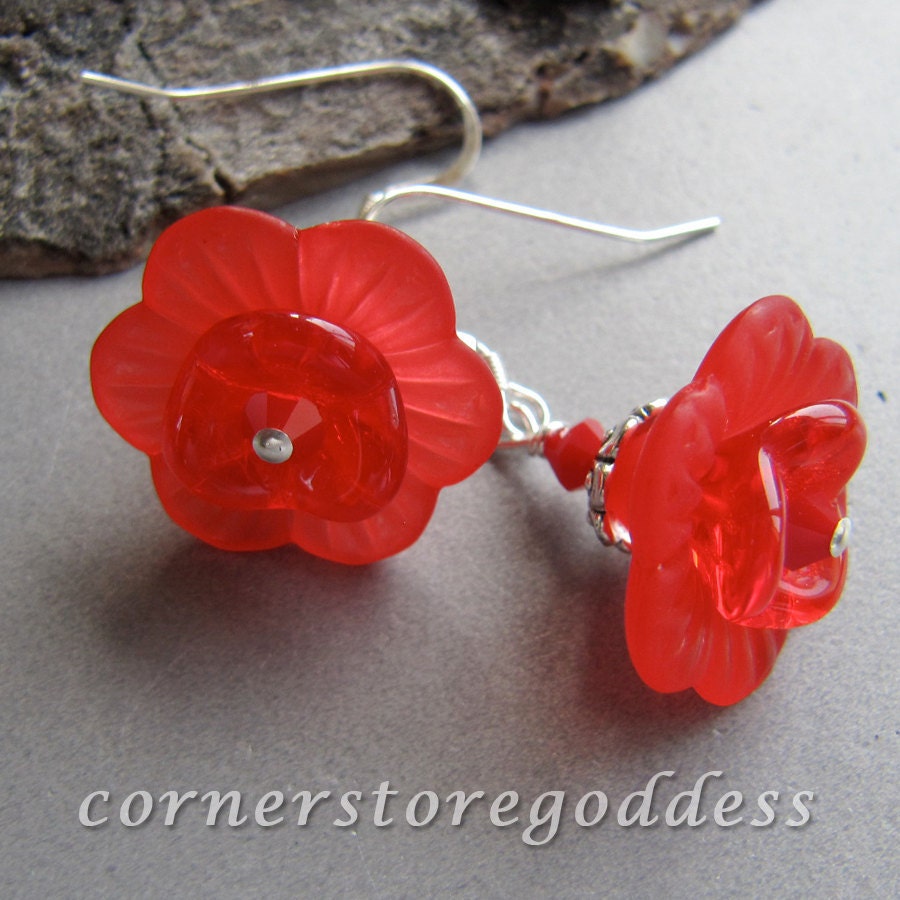 Tropical Red Hot Flower Earrings by Cornerstoregoddess