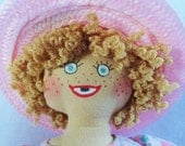 Little Girl Doll in Pink Bonnet - Toy Cloth Doll