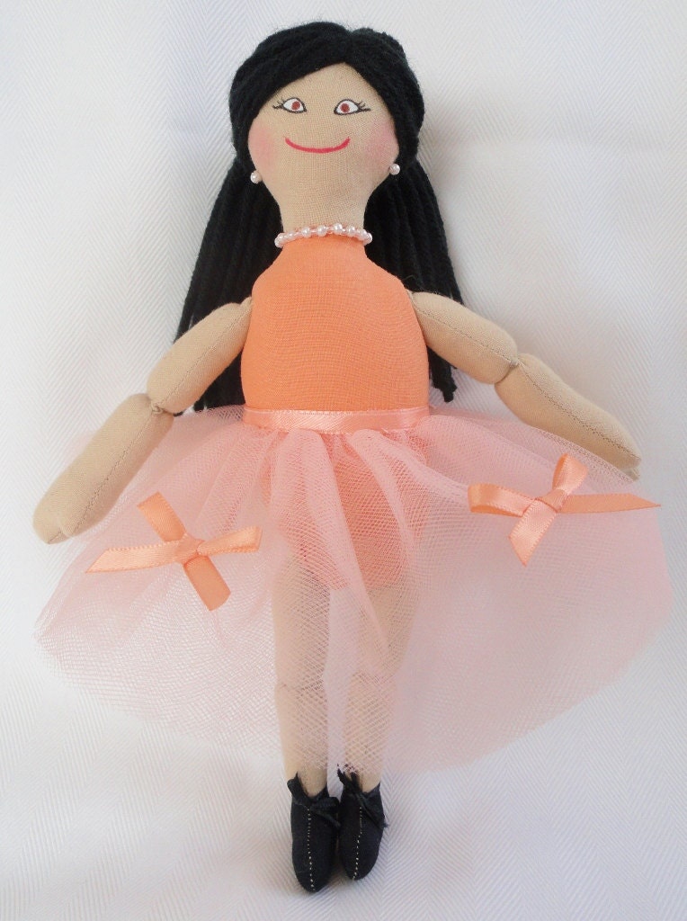 Ballerina Doll in Peach Tutu - OOAK Cloth Doll by Joelle's Dolls