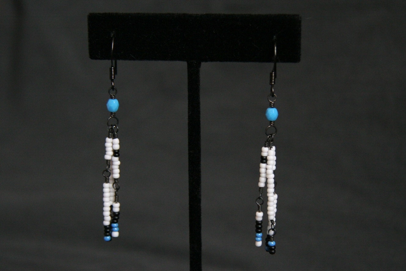 Blue White Black Beaded Earrings