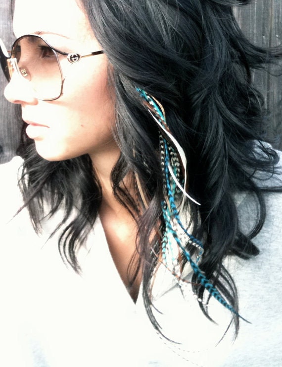 BEST Turquoise Blue 6 Feather Hair Extensions LONG - Salon Grade : FREE micro link clamp