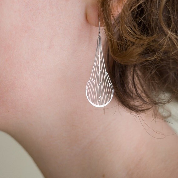 Black Dichotomous Earrings - stainless steel earrings, leaf jewelry, organic intricate