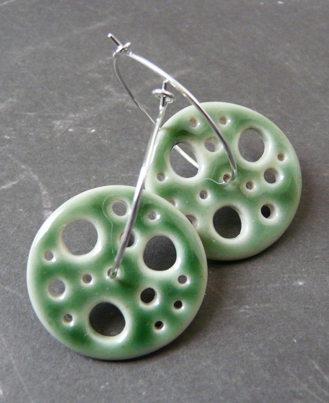 Porcelain Earrings - Crater Discus Hoops in Emerald Green