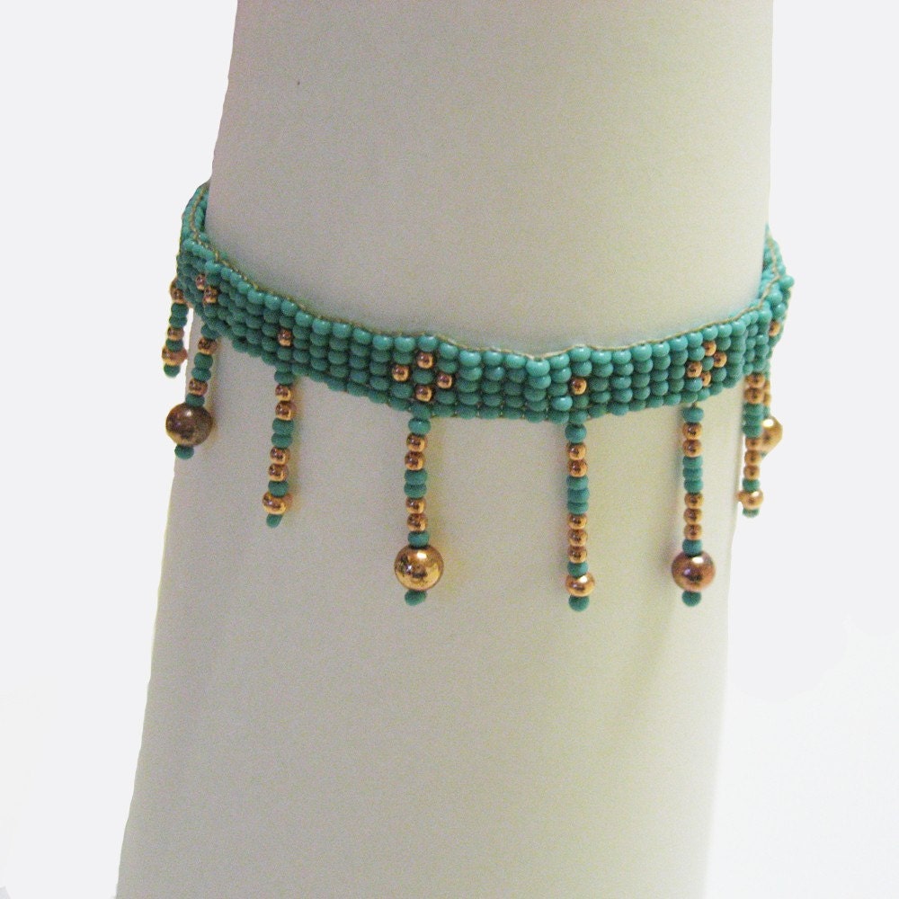 Beaded Turquoise Glass And Copper Ankle Bracelet
