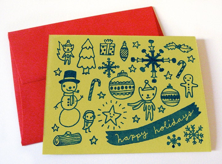 Set of 4 hand printed holiday cards - chartreuse green