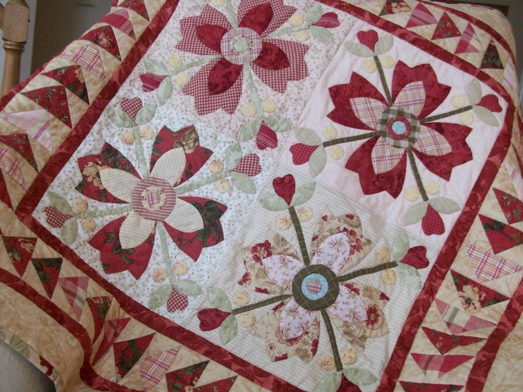 Petals and Blooms Quilt, throw size, wall hanging, home decor, appliqued, red, pink, patchwork, FREE SHIPPING