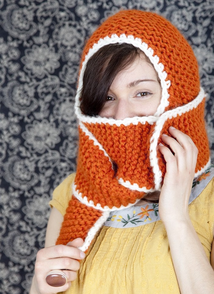 Orange Awesome Earflap Hat : Handknit Hat Scarf