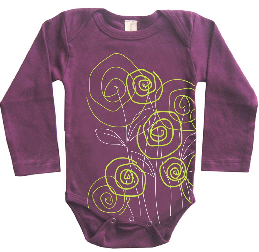 Flowers Purple Long Sleeves Organic Baby Onesie Girl
