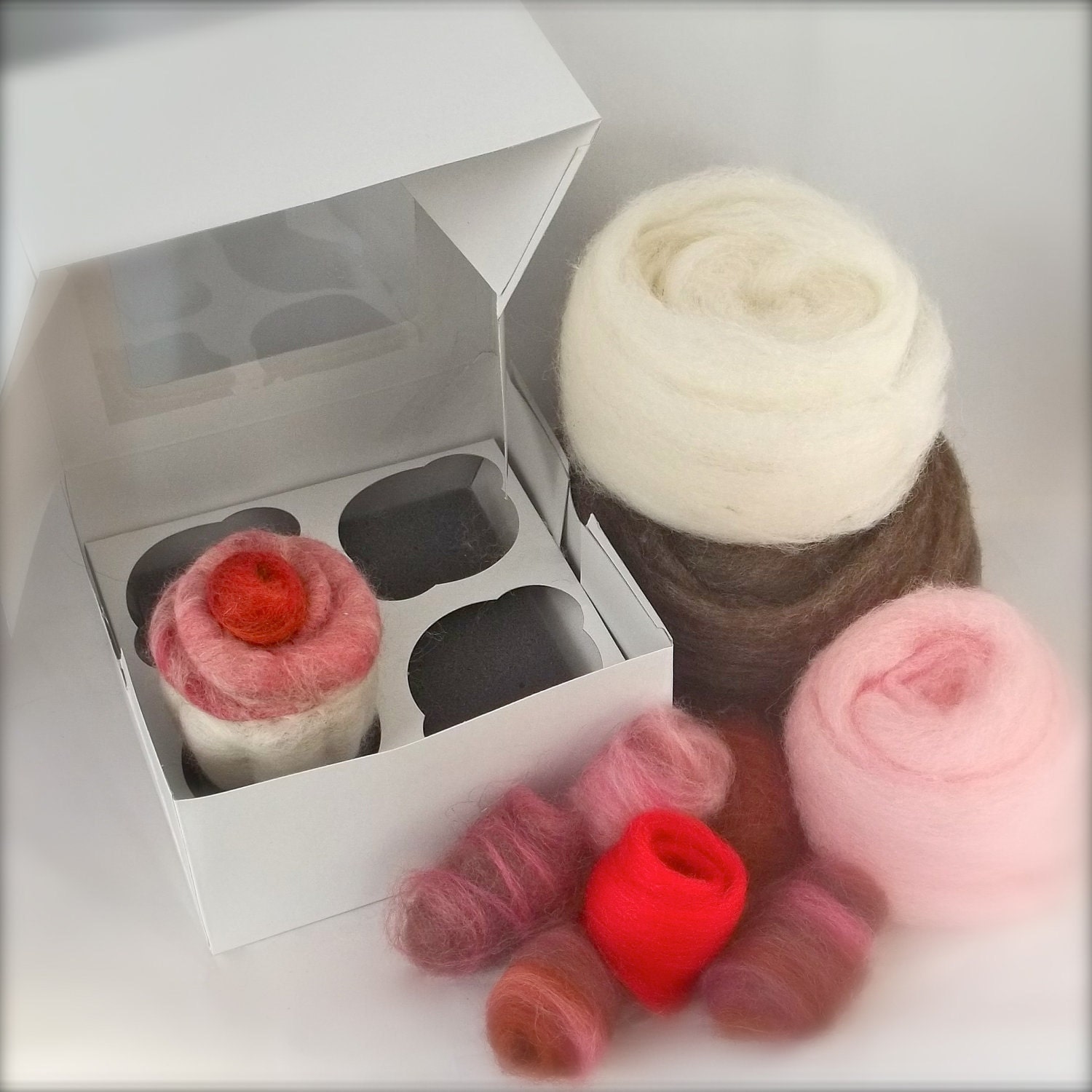 DIY Needle Felting Kit, Easter, Mother's Day, Valentine, Christmas cupcakes ornaments, decor, Make your own set of four, custom colors