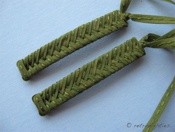 Olive Green with Olive Green Dots (Stitch) - Braided Ribbon Barrettes with Thin Grosgrain Ribbons