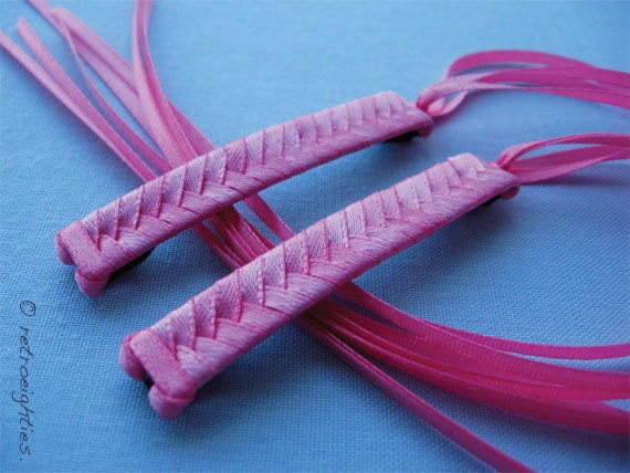 Hot Pink - Braided Ribbon Barrettes
