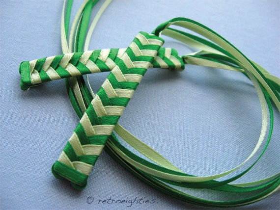 Green and Light Green - Braided Ribbon Barrettes