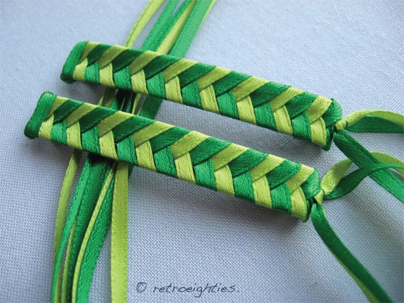 Green and Yellow Green - Braided Ribbon Barrettes