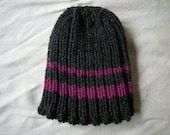 Classic Grey Hat with Pink Stripes - Ribbed and Stretchy