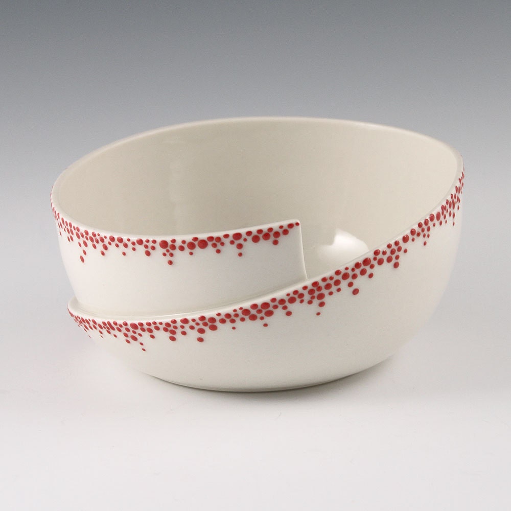 Bowl Red White - Porcelain Whirl Bowl with Red Pebbles
