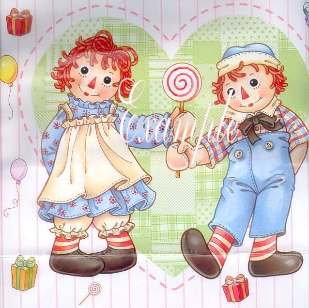 Raggedy Ann and Andy share a very big sucker,two identical fabric blocks,Great room decor for  children