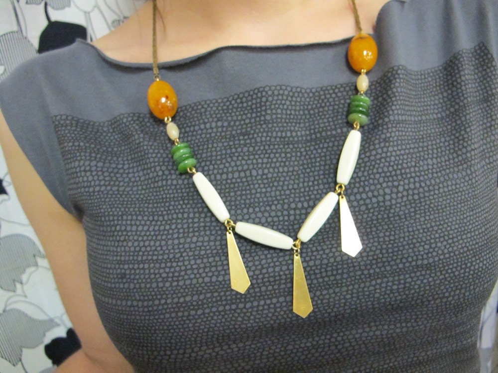 Tribal Necklace Vintage Lucite Beads with Brass Geometric Charms, Geometric Necklace Handmade from Vintage Components