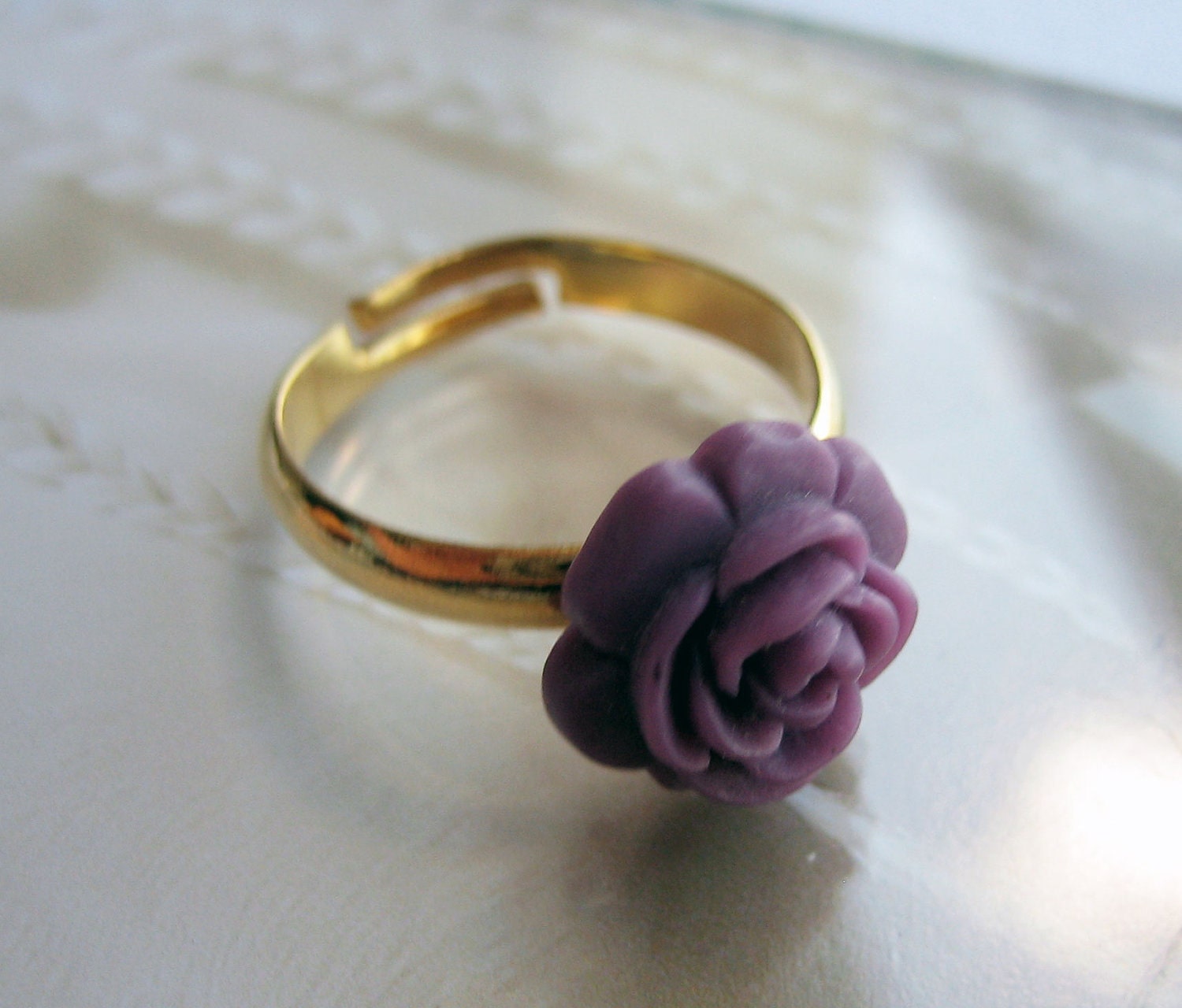 Flower Ring, Purple Rose Bloom Ring, Adjustable Metal Band, Vintage Inspired Ring - VELVET